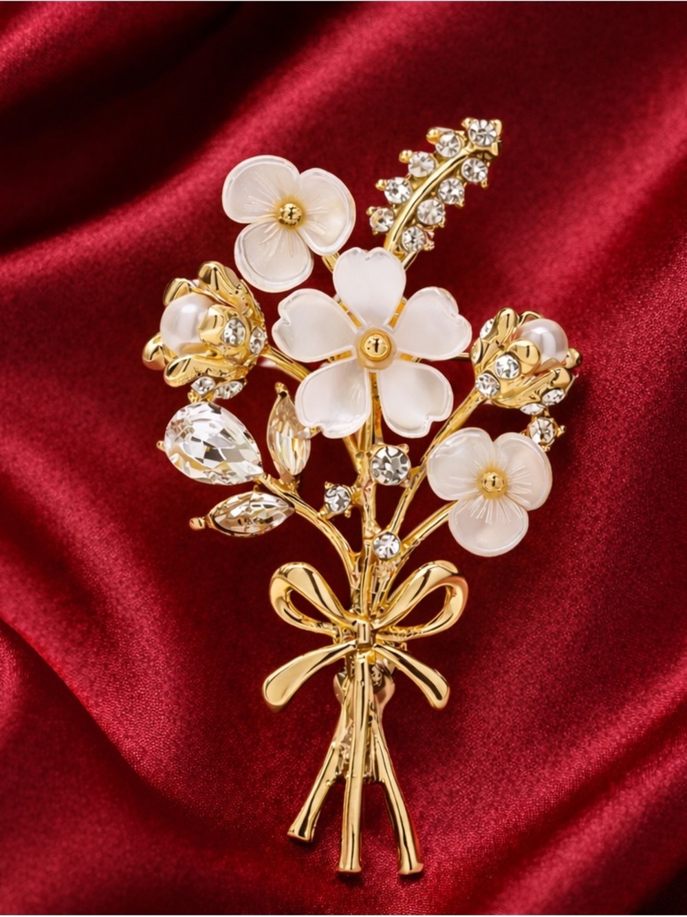 Gold Bouquet White Flower Crystal Brooch